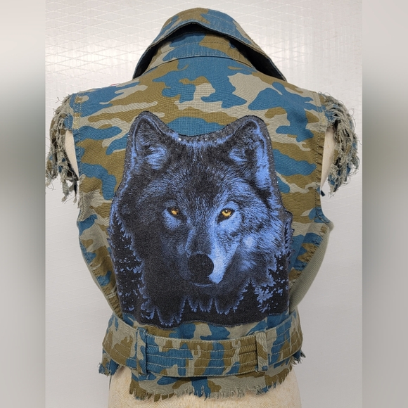 G.I.L.I./ Vamp Designs Jackets & Blazers - Camo Fringe Vest Wolf Pack Upcycled Military